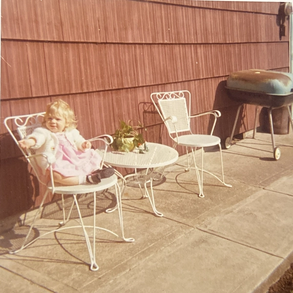 1970s Cute Adorable Little Blonde Girl Sitting on Patio Chair Grill Photo P21c16