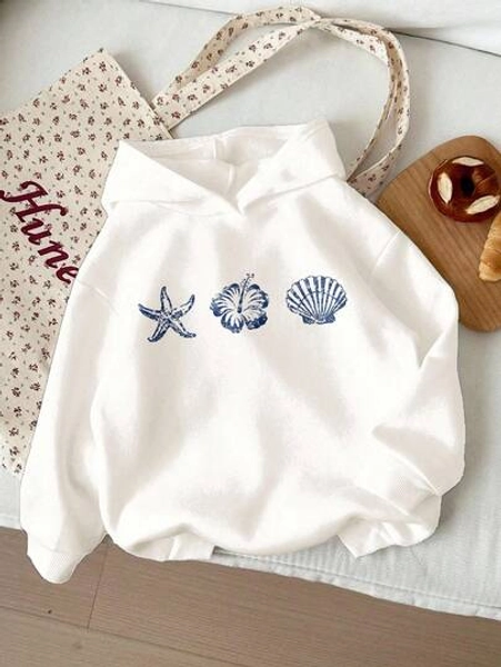 SHEIN Tween Girl Vintage Beachside Casual Vacation Blue Starfish & Hibiscus Pattern, Graphic Sweatshirt, Thick Warm Pullover For Autumn/Winter, Vacay Vibes, Miami, Chill Chill, Autumn For Easy Comfort, Autumn Layers, Stylish, Casual Wear, Graphic Sweatshirt, Fall - Size 9Y