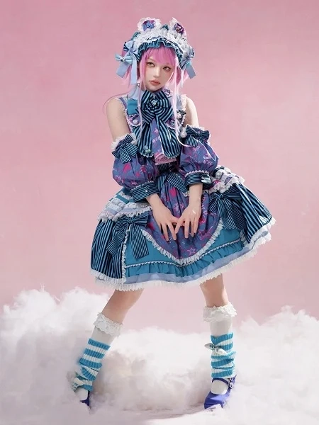 [£90.05]Blue and Green Y2K Fashion Graffiti Print Sleeveless Top + Skirt Lolita Full Set
