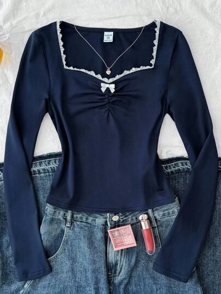 Teen Girls' Blue Knit Ruched Bust Lace Trim Fitted Long Sleeve Casual T-Shirt Shirts For Teen Girl Blue Girls Western Tops School Girl Top Navy Blue Top Navy Blue Shirt Tween