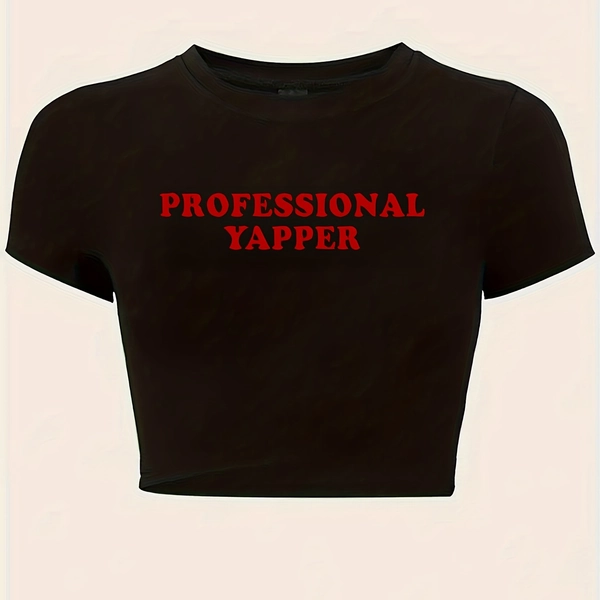 Women's Y2K High-Waisted Cropped T-Shirt - Black with Red "Professional Yapper" Print & Y2K Lettering, Slim-Fit Short Sleeve Top, Breathable Fabric for Layering, Casual & Statement Outfits, All-Season Versatile Wear, Machine Washable, Y2K Aesthetic Fashion, Geometric Print, Comfortable & Trendy, Perfect for Spring/Summer, Bold Statement Piece for Layering or Solo Wear, Half Sleeve T Shirts for Women