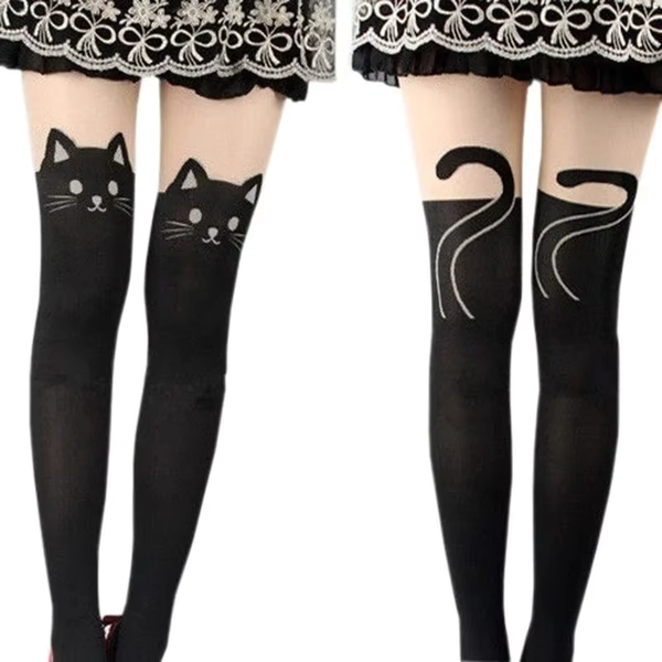 Women Cute Black Cat Printed Silk Knee Socks Casual Thigh Cotton Warm High Over Knee Socks Cute Romantic Socks Lady Cat - AliExpress 