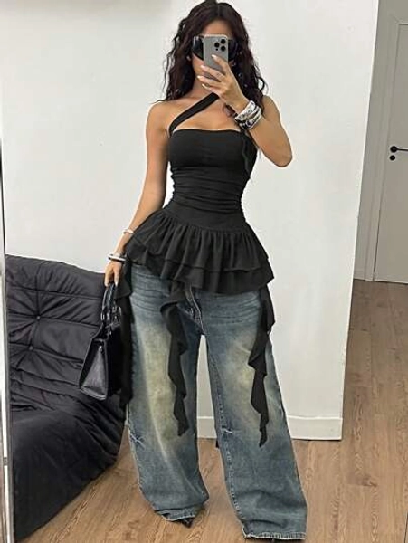 Coolane Women's Summer Streetwear Casual Vacation Music Festival Club Sexy Concert Y2K Black Sleeveless Asymmetrical Ruffle Ribbon Top - Size L