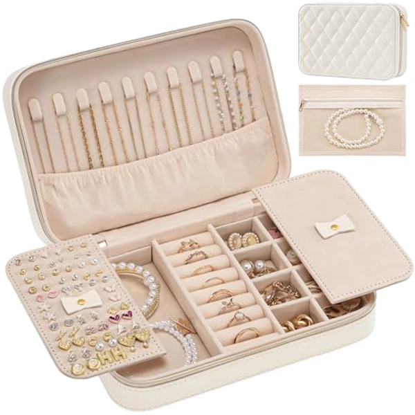 Lolalet Travel Jewelry Case for Women, Travel Jewelry Organizer Box with Mirror & Clear Storage Bag, Small Portable Traveling Earring Necklace Bracelet Ring Case, Bridesmaid Gifts -Medium, White