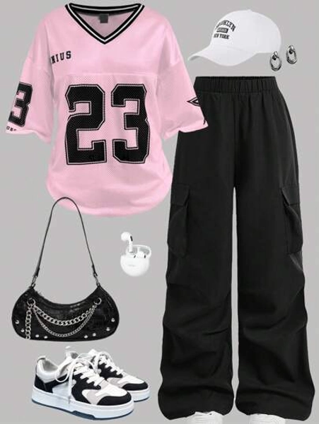 SHEIN EZwear Women's Summer Sport Letter T-Shirt And Cargo Pants 2-Piece Set, Back To School Clothes