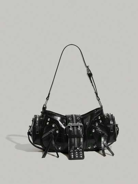 Unisex Punk Rock Motorcycle Bag, Y2K Oilcloth Leather Crossbody Underarm Handbag With Adjustable Strap, Suitable For Shopping
