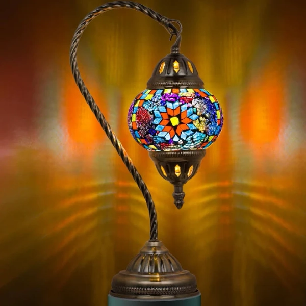 Marrakech Turkish Lamp Moroccan Lamp Mosaic Glass Table Lamp, Handmade Turkish Mosaic Light with Swan Neck Bronze Base Including