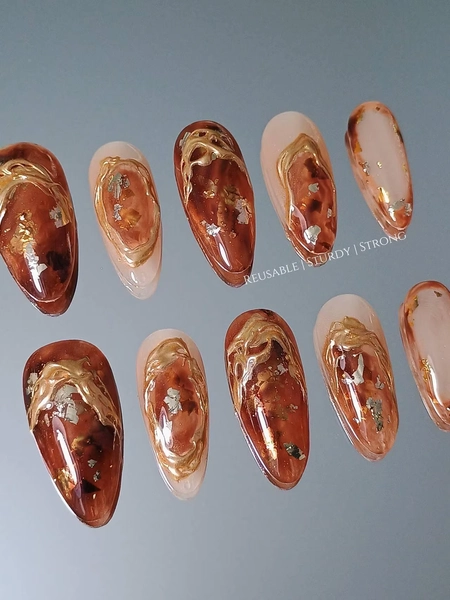 Chic Golden Amber | Chrome Press On Nails | Almond Nails | Gift For Her | Personalised Gifts | Handmade Gifts | Acrylic Nails | xwj197