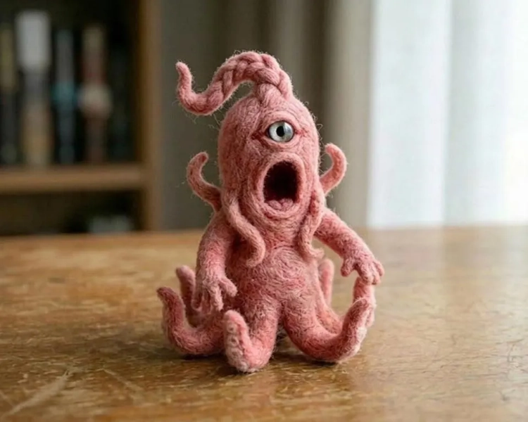 Needle Felted Pink Cyclops Horror – Tentacle Monster Art Doll, Cosmic Dread Prop
