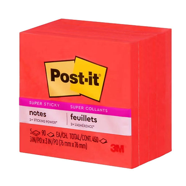 Post-it Super Sticky Notes, 3" x 3", Saffron, 90 Sheet/Pad, 5 Pads/Pack (654-5SSRR)