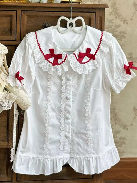 Sweet Lolita Blouses Lolita Top Pink Short Sleeves Ruffles Bows Color Block Lolita Shirt