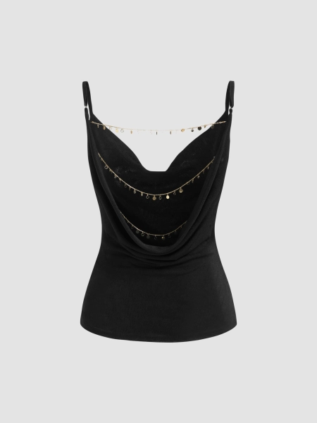 Holiday Dress Knit Fabric Cowl Neck Backless Chain Detail Cami Top For Date