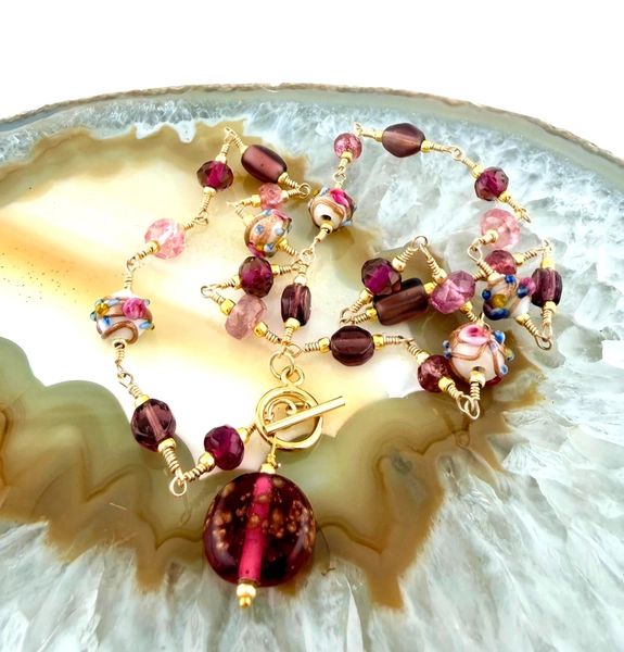 Tourmaline Beaded Necklace with Lampwork Glass