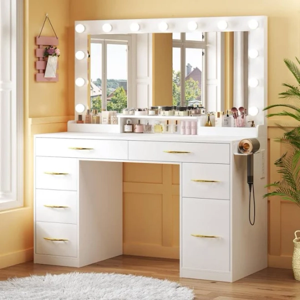 Latitude Run Large Makeup Vanity with Lights, Built-in Outlet, 7 Drawers