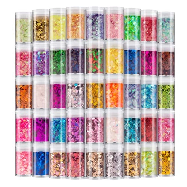 Holographic Chunky and Fine Glitter Mix, 45 Colors Festival Sequins & Glitter Powder, Iridescent Glitter Flakes, Cosmetic Face Body Eye Hair Nail Art Resin Tumbler Loose Glitter