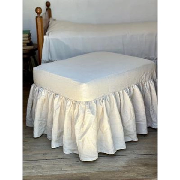 Slip Cover,Cushion,Custom Size,Ottoman Chair Foot Stool Bench,Ruffles,Beige Linen,White Ivory Canvas,French Country Rustic Farmhouse