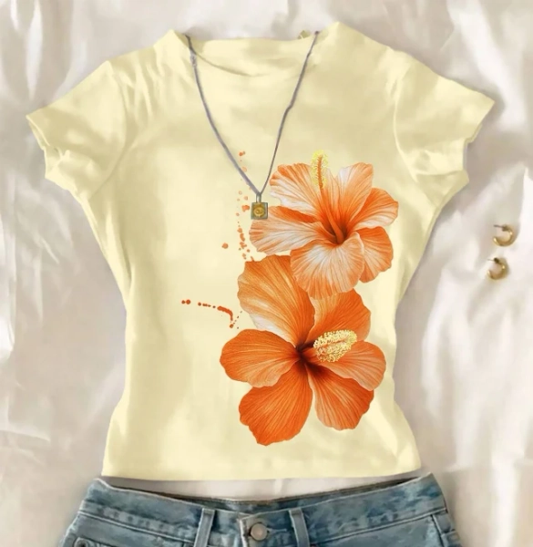 Tween Girls Cropped Fitted Crew Neck Floral Print T-Shirt