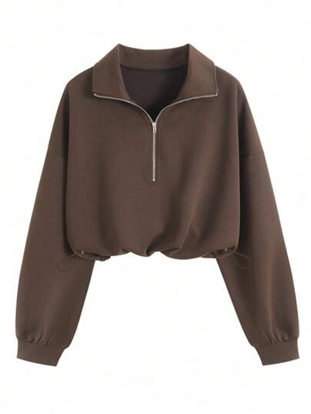 Airaco Women's Solid Color Drop Shoulder Long Sleeve Vintage American Style Half Zip Niche Sweatshirt Pullover Fall