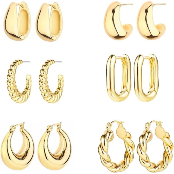 ALLHOLA 14K Gold Lightweight Chunky Hoop Earrings (6 Pairs)