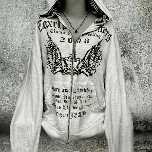 [Y2K Gothic Hoodie] Women's Y2K Gothic Hoodie - White Zip-Up Sweatshirt | Loose Fit Hooded Pullover with Full Zipper Front | Edgy Streetwear, Fall/Winter Apparel, Durable Fabric, Wing Print, Quality Stitching, Unisex Style, Adults