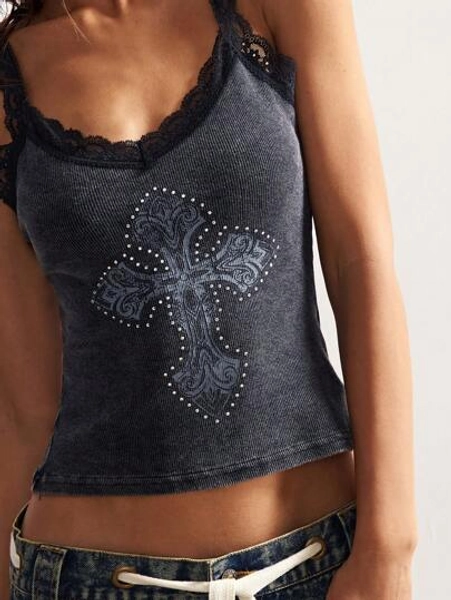 Bohemela BOHO Vintage American Style Cross & Graphic Lace Trim Fitted Knit Tank Top For Women