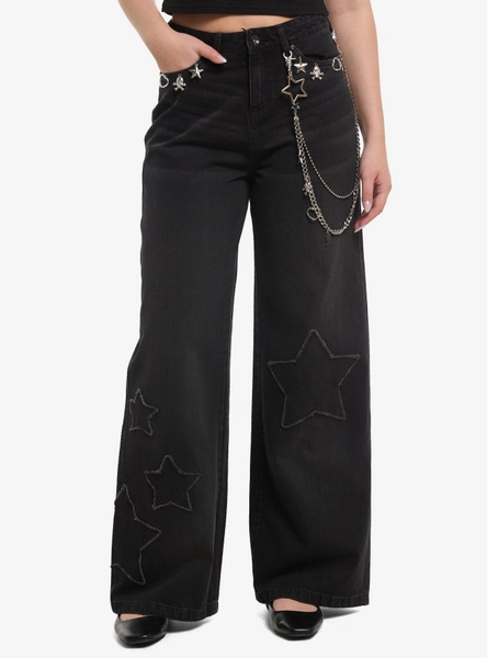 Social Collision Black Star Patch & Chain Girls Wide Leg Jeans