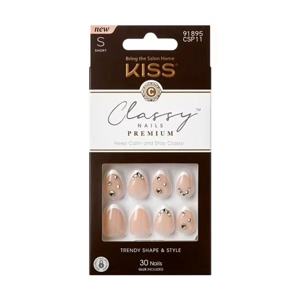 KISS Classy Premium Press on Nails, Prevailing, White, Short Almond, 30 Count