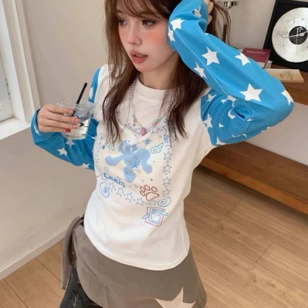 Women's Y2k Star Printed Long Sleeve Base Crop Top