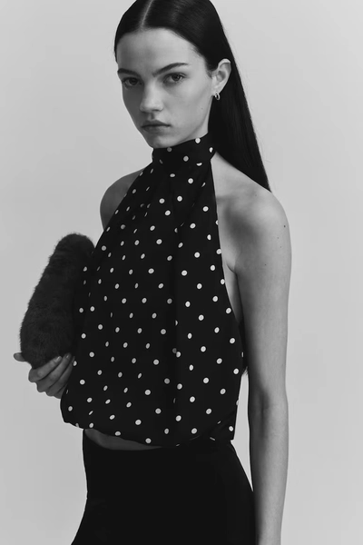 Satin Halterneck Top - Black/dotted