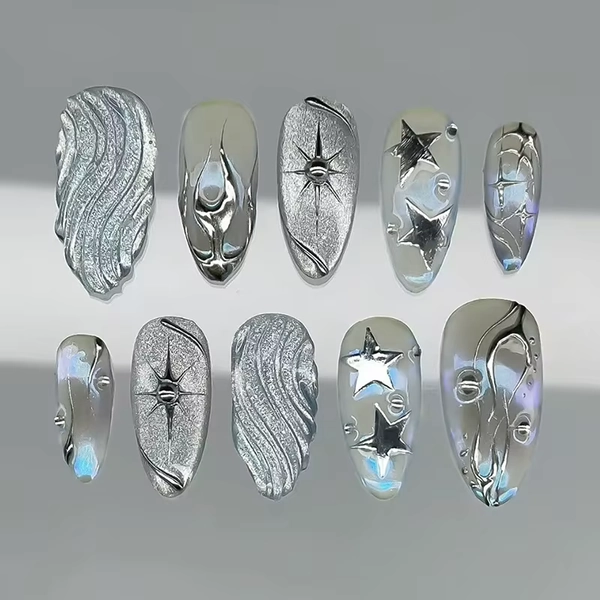 24Pcs Mid-length Almond Press on Fake Nails Silver Star Irregular Design False Nails Cat's Eye Detachable Full Cover Nails Tips