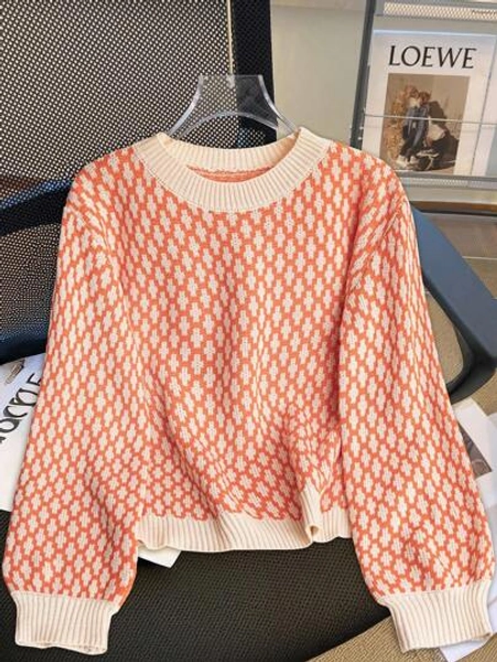 Franclia Allover Print Contrast Trim Drop Shoulder Sweater,Long Sleeve Tops Knit Pullover Fall Winter Outfit