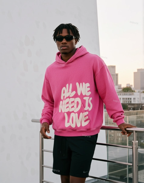 All We Need Is Love Print Pink Washed Hoodie