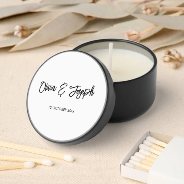 Simple Modern Hand Sketched Script White and Black Mini Candle Favors
