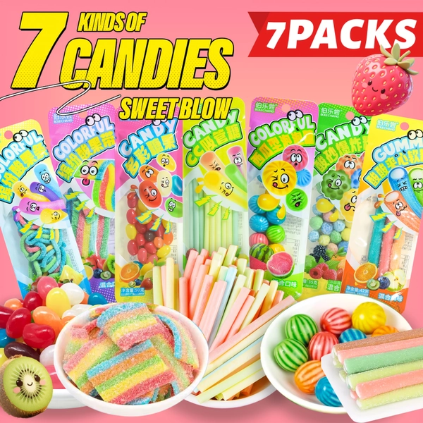 [7 Packs/7 Kinds]Mixed-flavor Candies Filled Gummies Bubble Gum 7 Different Sweet And Sour Fruit Flavors Snack Candies Christmas Delicious to Eat - Fun Sweet Snacks - Halloween And Christmas Snacks Gifts, Holiday Party Snacks, Delicious to Eat - Suitable for Parties And Picnics