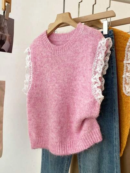 Women's Solid Color Versatile Sleeveless Vest, French Lace Patchwork Knit Sweater Vest, Winter