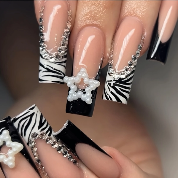 Elegant Black and White Zebra Striped Press-On Nails with 3D Water Drops and Pearls - Long French Tip Design - Suitable for Women and Girls - Includes File and Gel