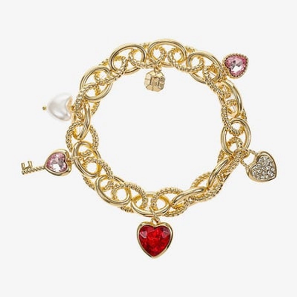 Monet Jewelry Gold Tone Womens Red Glass Simulated Pearl Heart Keys Charm Bracelet, One Size, Red