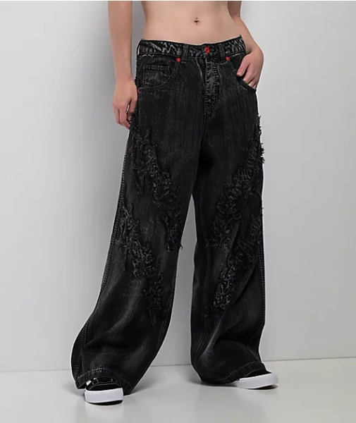 Vitriol Verona Applique Black Washed Wide Leg Jeans