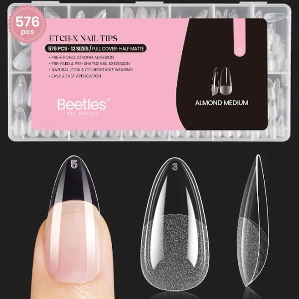Beetles Nail Tips Almond Medium 576Pcs 12 Sizes Nail Extension Gift for DIY Nails Art