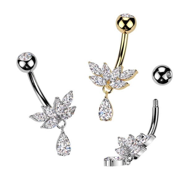 Titanium en Brass Navelpiercing met Waaier van Markies Geslepen Steentjes en Traanvormige Hanger