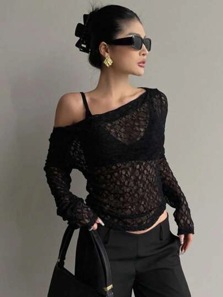DAZY Women's Lace Asymmetric Neck Slim Fit Crop Top, White, Spring/Summer Sheer Long Sleeve Women Tops,Fall Women Clothes
