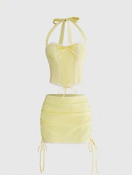 Sweetness Romantic Vacation Sweet Yellow & White Plaid Halter Crop Top And Mini Skirt 2 Pieces Set For Women - Size L