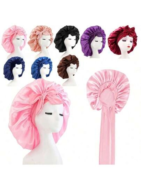 Silky Satin Sleep Bonnet For Women With Adjustable Bow Ties - Luxurious Hair Protection Cap For Curly/Natural Hair, Multi-Color Options, Soft Nighttime Hair Care Essential,Bonnet,Shower Cap,Hair Products And Accessories For Barber Salon Beauty Travel Essentials,Back To School,Travel Holiday Essentials,Hair Accessories For Women