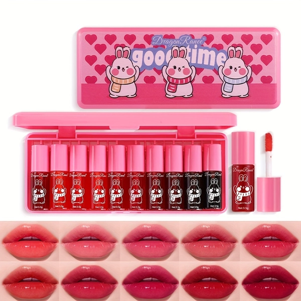 10pcs/SET Mirror Lip Tint Lip Gloss Glossy Non-Sticky Moisturizing Lip Balm Glassy Pout Lip Dye Set Box