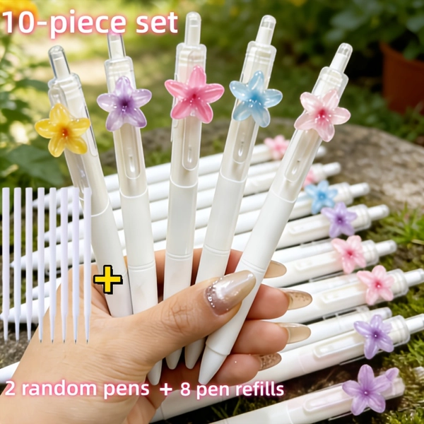 10pcs Colorful Small Flower Ballpoint Pen Set, Random Colors (2 Pens + 8 Refills) 0.5Mm Black Ink, Cute Flower Quick-Drying Writing Pen, Creative Stationery Combination, Office Supplies, School Supplies, Suitable for Daily Office, Gift Set