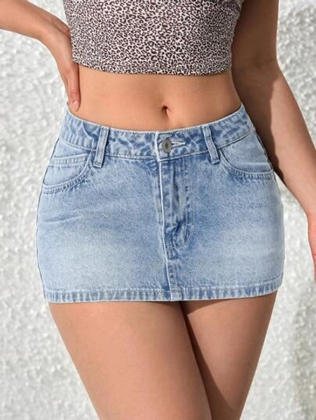 SHEIN PETITE Women Casual Washed Mini Denim Skirt