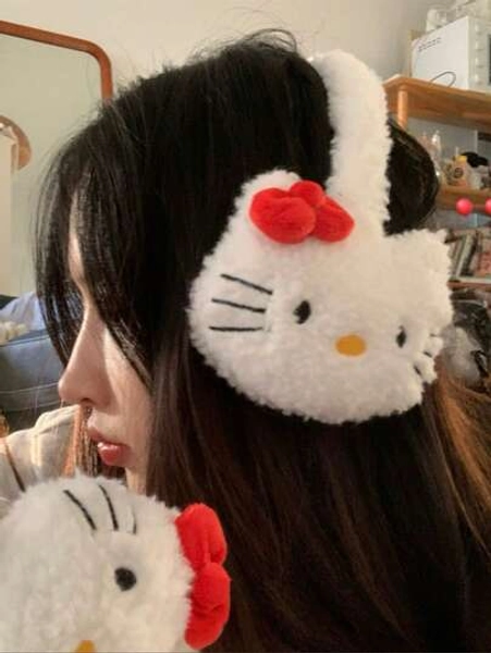 Sanrio 1pc Cute Solid Color Hello Kitty Plush Ear Muffs, Casual Outdoor Bicycle Warm Earmuffs, Thick Fur Ear Covers, Suitable For Autumn/Winter