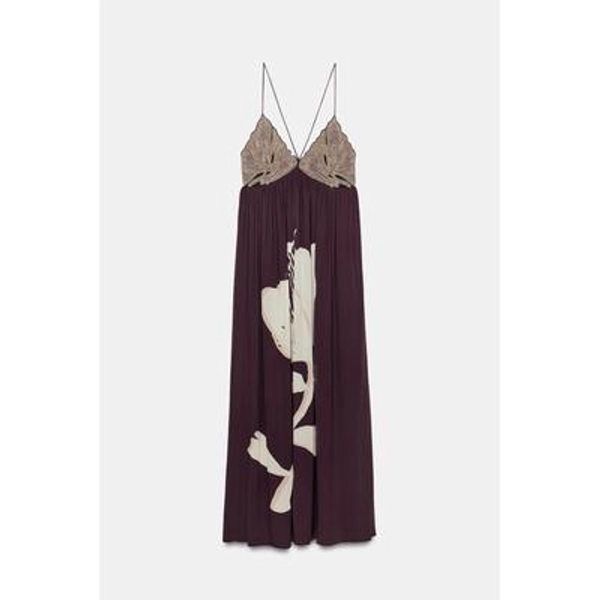 Zara - Beaded Floral Print Dress - Burgundy - M - Woman