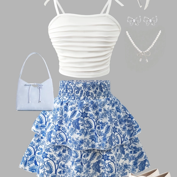 Girls' Spring And Summer White Pleated Camisole with Blue Print Skirt, a Vacation-Style Two-Piece Set