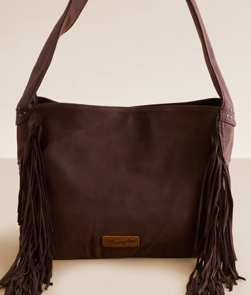 Coffee Studded Leather Fringe Hobo Bag